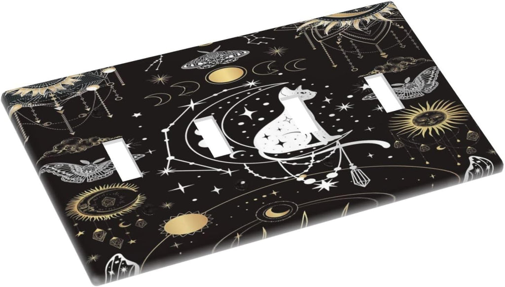 White Cat Tarot Moon Phases Moth Celestial Gothic Light Switch Covers Quad Toggle Electrical Faceplate 4 Gang Wall Plate Decorative Switch Plates Cover for Kids Room Bedroom Decor