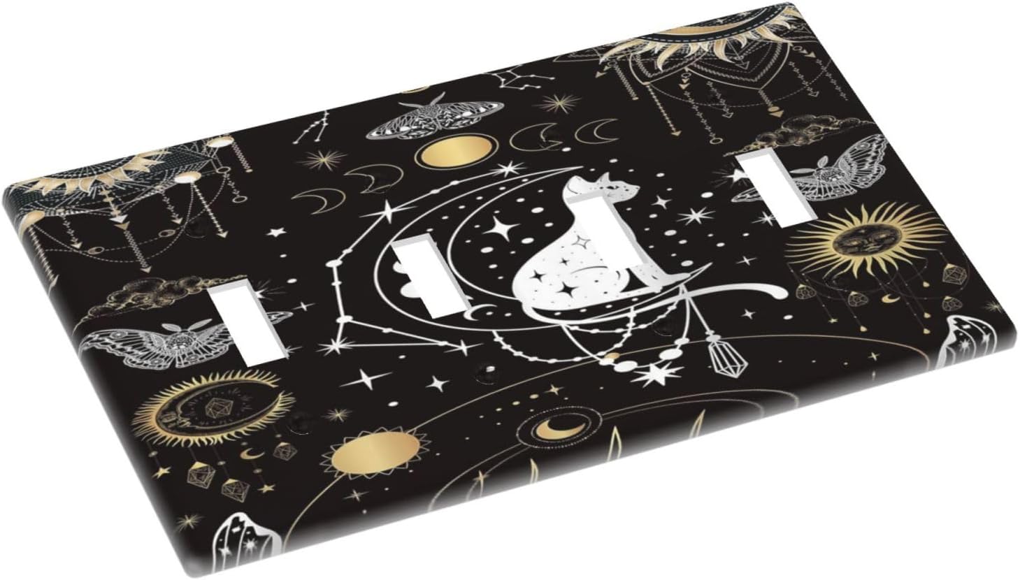 White Cat Tarot Moon Phases Moth Celestial Gothic Light Switch Covers Quad Toggle Electrical Faceplate 4 Gang Wall Plate Decorative Switch Plates Cover for Kids Room Bedroom Decor