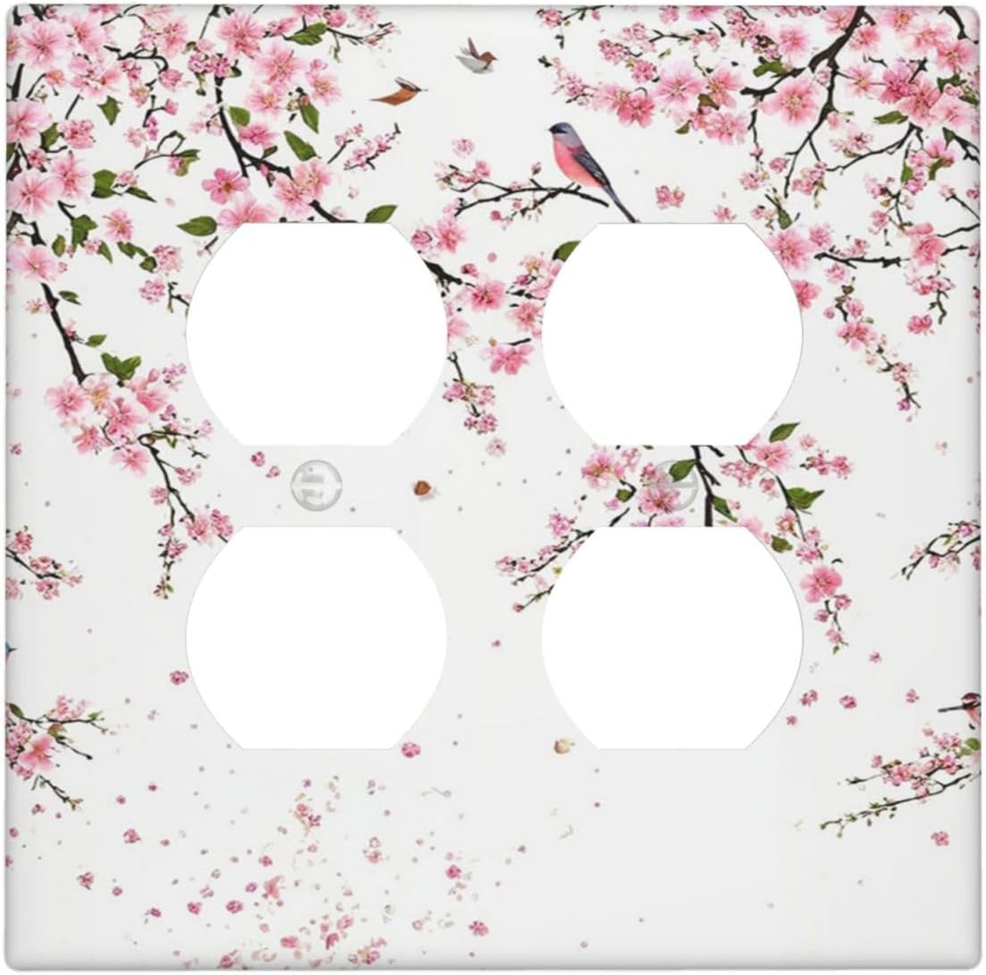Decorative Outlet Covers Rustic Plum Blossom Pink Flowers 2 Gang Wall Plate Double Duplex Light Switch Cover Switch Plate Covers Faceplate for Country Home Bedroom Decor