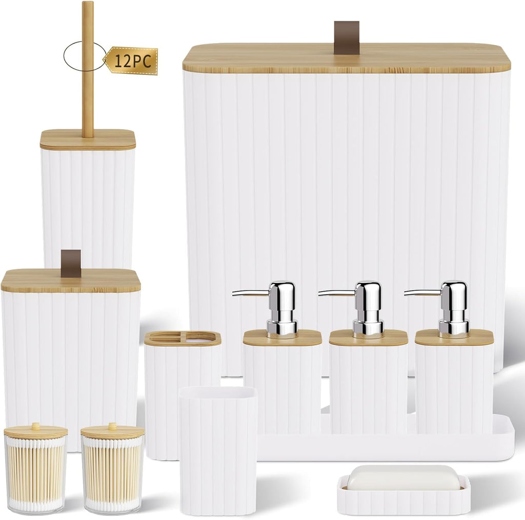 Bathroom Accessory Set - White Bathroom Set, 12PC Bathroom Accessories Set, White Bathroom Accessories Set, Mini Trash Can, Toilet Brush, Trash Can & Soap Dispenser