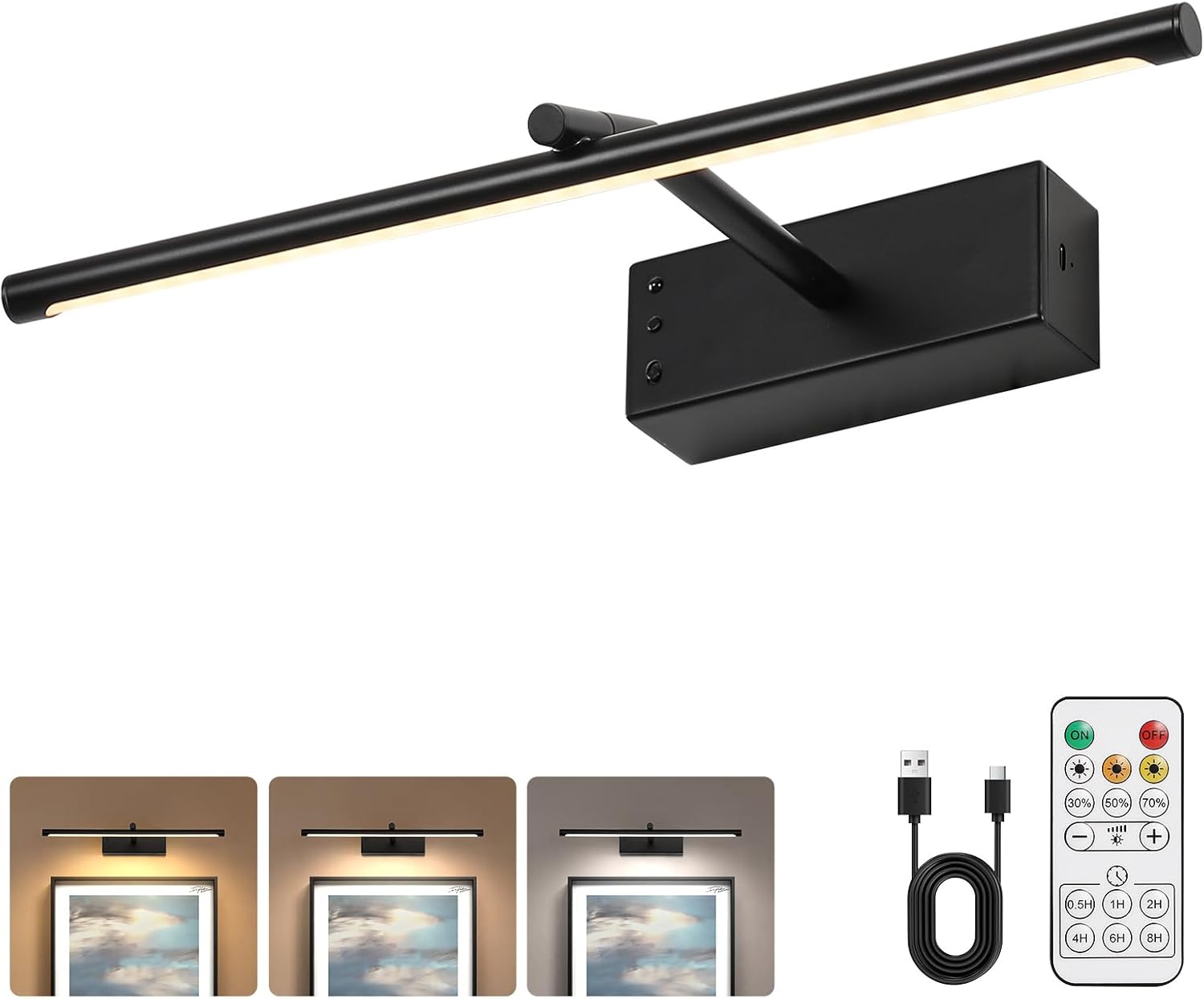 JOOSENLUX Battery Operated Picture Light Black 16-inch Wireless Art Display Light 3CCT Dimmable with Adjustable Arm Wall Light for Artwork Display Photo Showcases Canvases and Oil Paintings