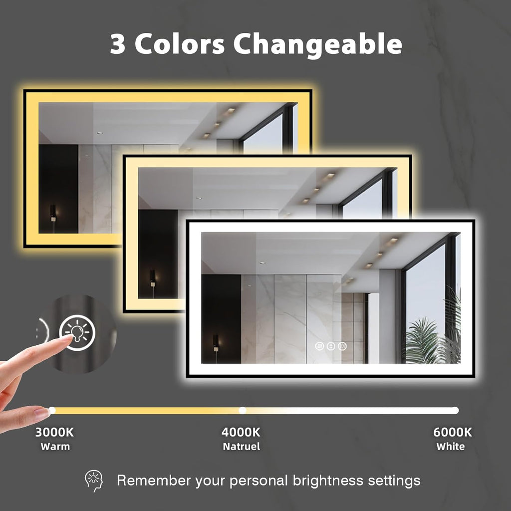 55x30 Light up Bathroom Mirror,LED Vanity Mirror,Black Framed,Backlit + Front Lit,3 Colors Dimmable,Anti-Fog,Shatter-Proof,Touch Control,Anti-Corrosion,Memory(Horizontal/Vertical)