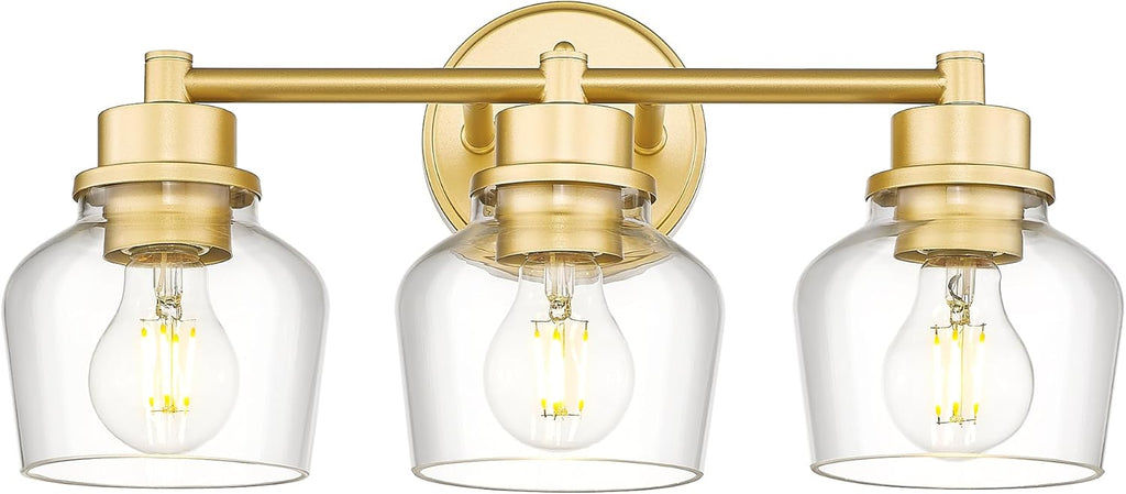 Emak Modern Gold Vanity Lights, Bathroom Lighting Fixtures Over Mirror with Clear Glass Shade, 3-Light Vanity Light for Bathroom, Mirror, Makeup Desk, VL122-GD-CG-3