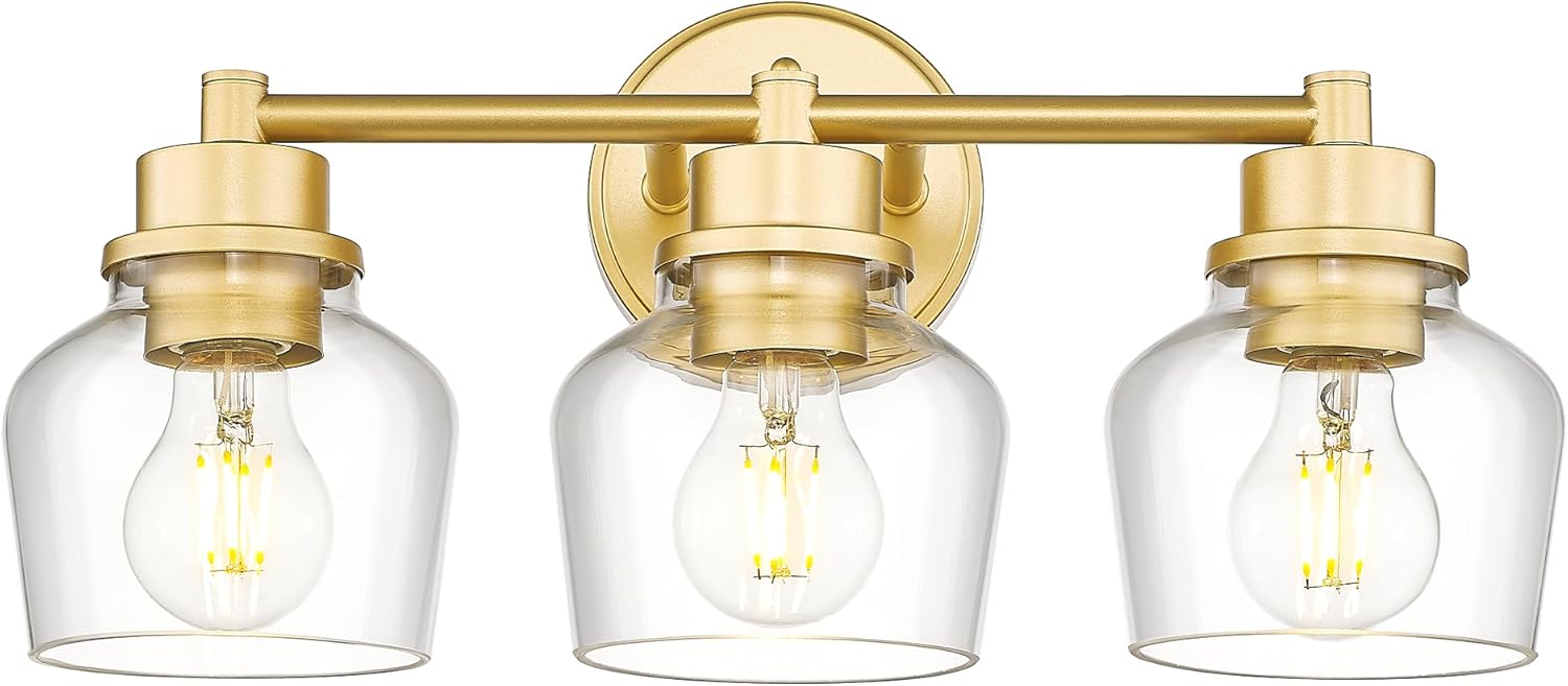 Emak Modern Gold Vanity Lights, Bathroom Lighting Fixtures Over Mirror with Clear Glass Shade, 3-Light Vanity Light for Bathroom, Mirror, Makeup Desk, VL122-GD-CG-3