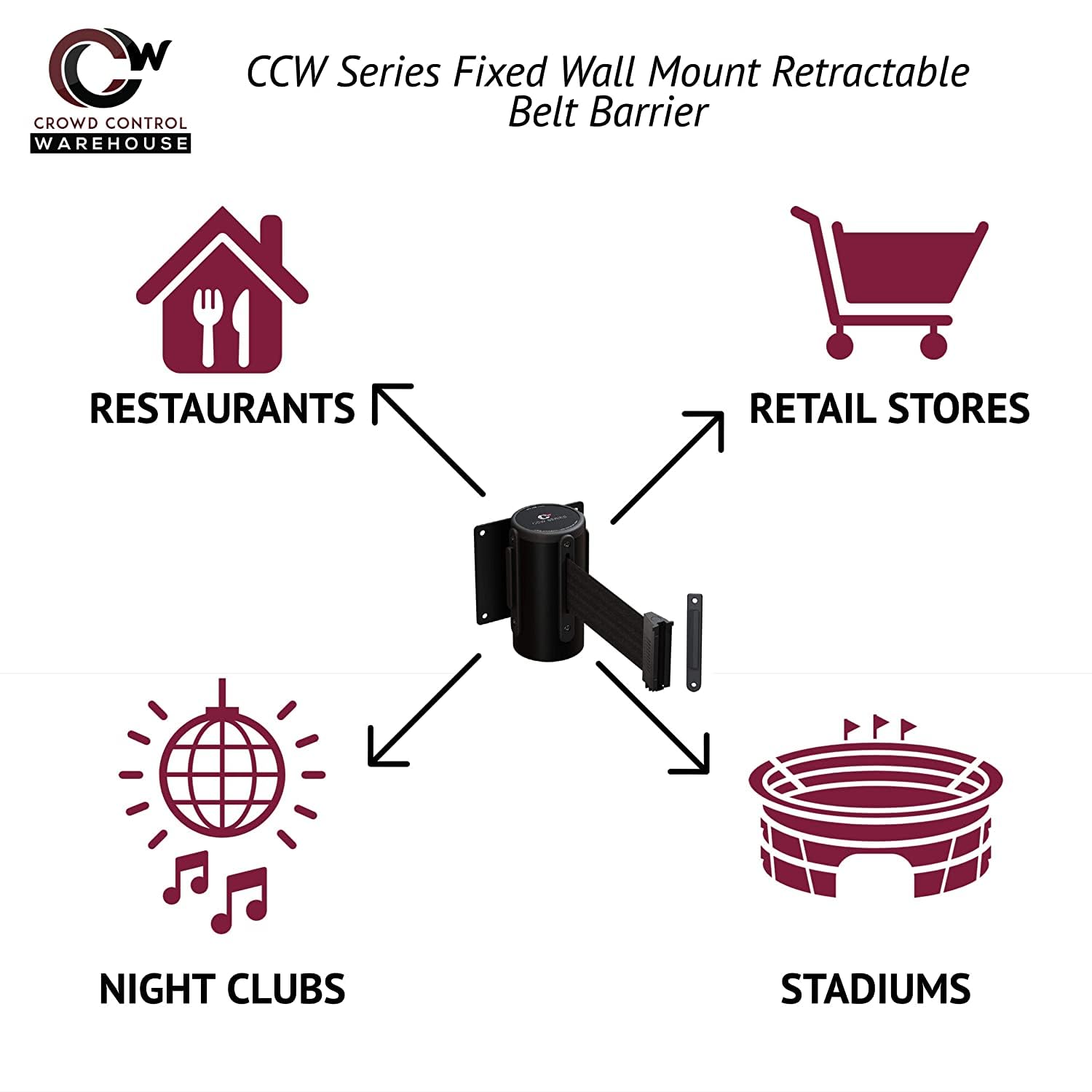 Crowd Control Warehouse - CCW Series WMB-120 Fixed Wall Mount Retractable Belt Barrier - 11 Foot, Red"Danger : Keep Out" Belt with Stainless Steel Case