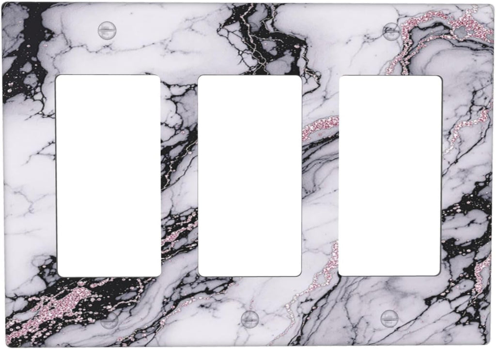 Light Switch Covers White Marble Pattern Black Lines Pink Lines 3 Gang Rocker Electrical GFCI Decorative Triple Outlet Wall Plate Cover Switchplate for living Room Office Decor