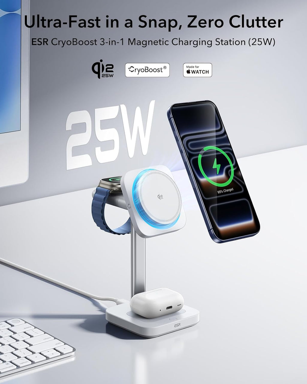 ESR for 3 in 1 Charging Station, Qi2.2 Certified 25W MagSafe Charger Stand with CryoBoost, Phone-Cooling Fast Charging Station, for iPhone 17/16 with iOS 26, AirPods, Apple Watch, White