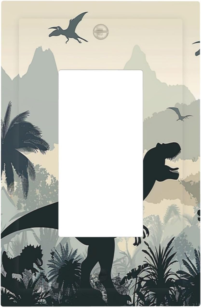 Decorative Outlet Covers Prehistoric World Dinosaur Cartoon Fores 1 Gang Single Rocker Light Switch Cover Plate Wall Plates GFCI Faceplate for Kids Room Nursery Decor