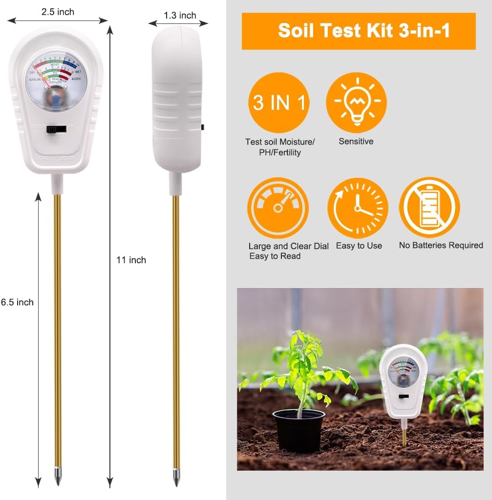 Soil Test Kit 3-in-1, Soil Moisture Meter, Soil PH Meter, Fertility Soil Tester, Soil Tester for Garden, Lawn, Farm, Outdoor & Indoor Use (Frost White)