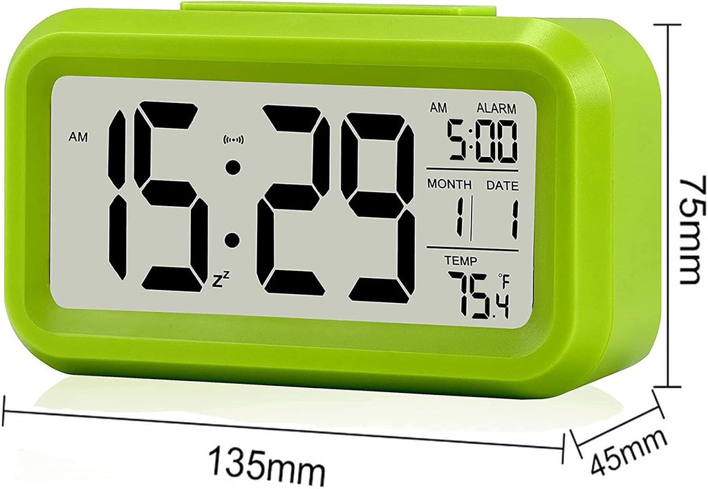 Digital Alarm Clock with LCD Display, Desk Smart Electronic Small Clock with Indoor Temperature, Date, Light Sensor, Backlight, Battery Operated, for Home Bedroom Kids Office (Green)