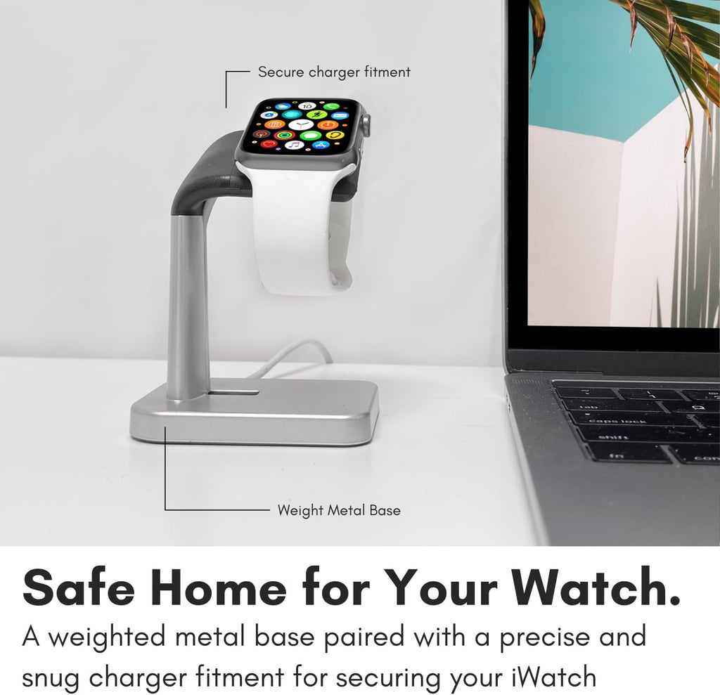 Macally Apple Watch Stand for Series Ultra 10 9 8 7 6 5 4 3 2 1 SE (49mm 45mm 44mm 42mm 41mm 40mm 38mm) - Apple Watch Charger Stand Dock Holder - Sleek Desk iWatch Charging Station - Silver