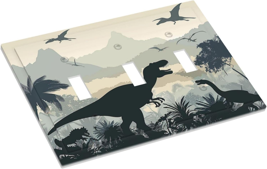 Decorative Switch Plates Prehistoric World Dinosaur Cartoon Fores 3 Gang Wall Plate Triple Toggle Light Switch Cover Faceplate Electrical Wall Panels for Kids Room Nursery Decor