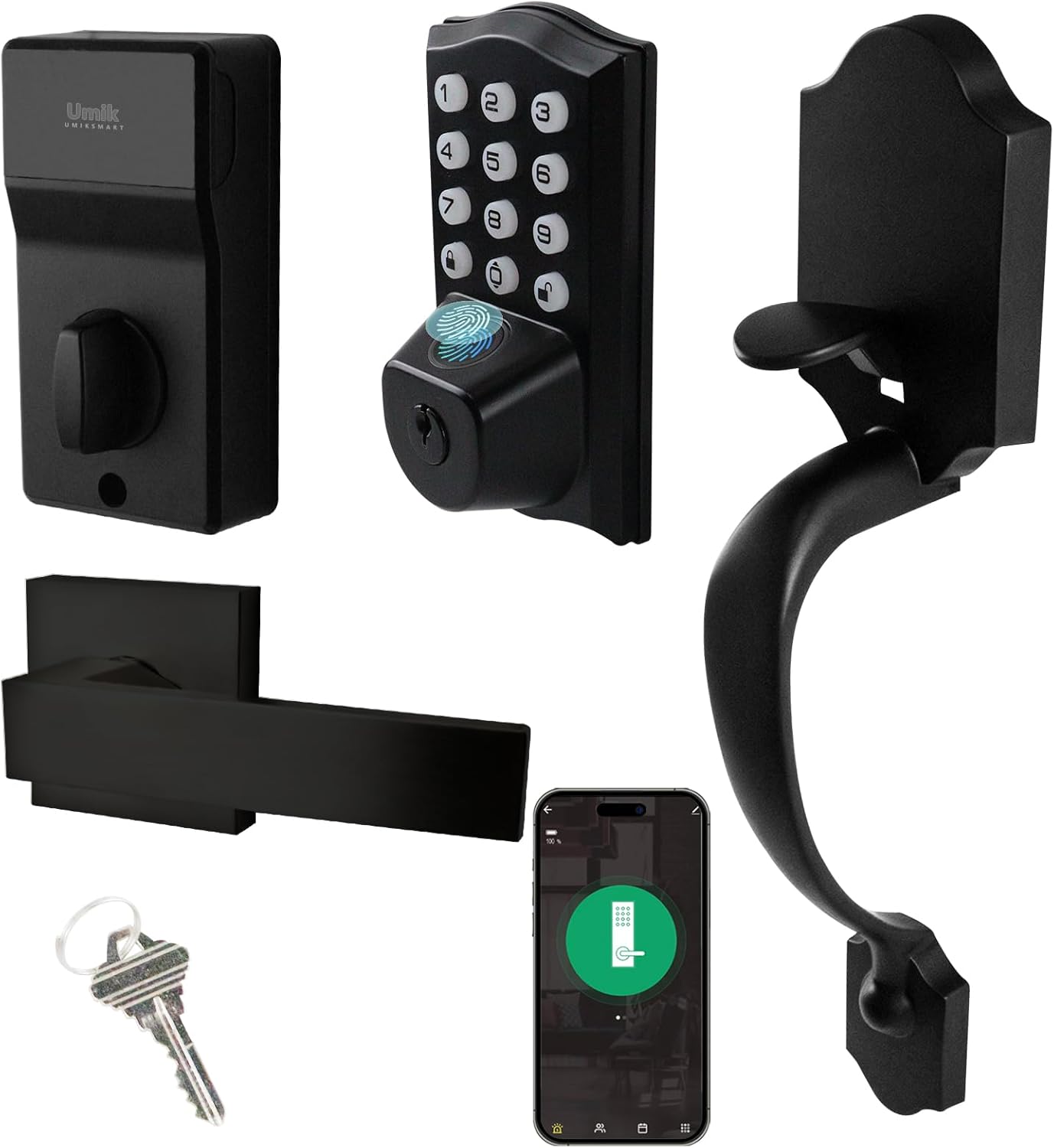 Fingerprint Smart Door Lock, Keyless Door Lock with Handle, Built-in WiFi Keypad Deadbolt Set for Front Door, Waterproof Smart Electronic Deadbolt, App Remote Control, Easy to Install Matte Black