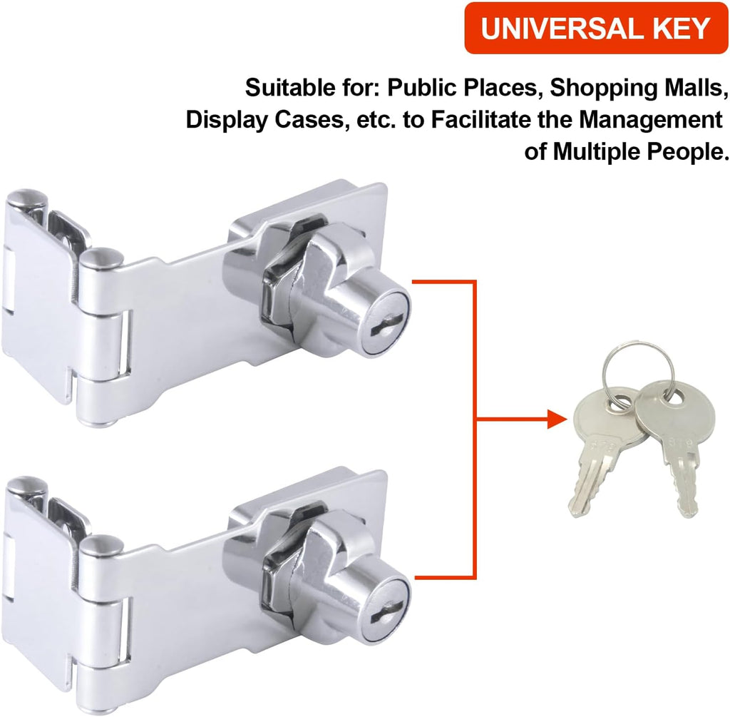 KIBBEH 2 Pack Door Lock Hasp Latchs, Collapsible Solid 304 Stainless Steel File Cabinet Lock Desk Drawer Lock, for 90 Degree and 180 Degree Drawers, Dabinets, Doors, Flip Barn Door (Universal Key)