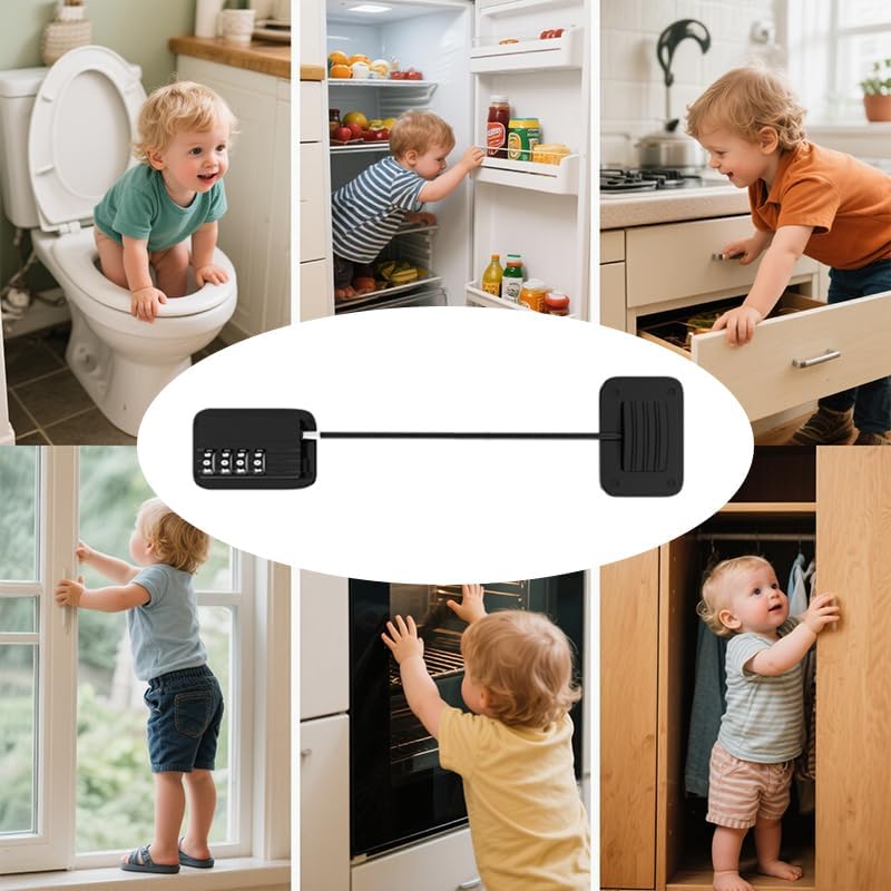 2 Pack Refrigerator Lock, Cabinet Locks, Child Safety Cabinet Locks, with Combination Fridge Lock, for Fridge, Cabinets, Window, Drawers, Adhesive Installation, No Drilling Required(Black)