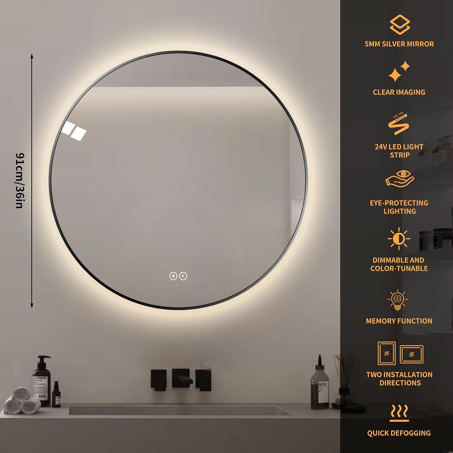 Round LED Bathroom Mirror with Gold Frame, 24V Backlight, 3 Color Temperatures, Dimmable, Memory Function, Defogging (Black Border, 36" L x 36" W)
