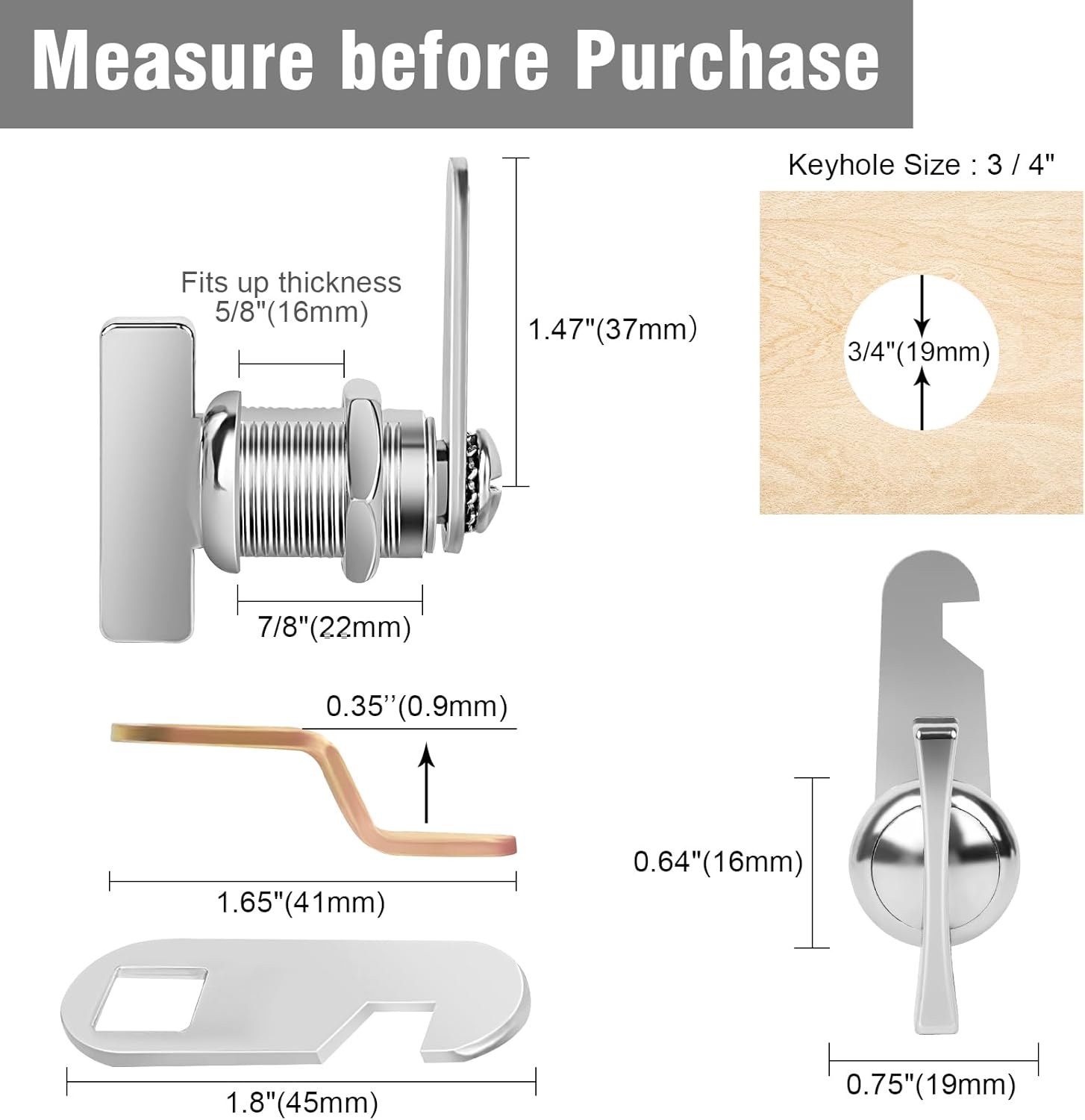 Cam Lock 7/8” 5PCS Thumb Locks Operated Offset, RV Locks for Compartment &Storage Door, Keyless Non-Locking Locks Fits on Camper, Vehicles, Files Drawers (7/8 Inch 5Pcs)