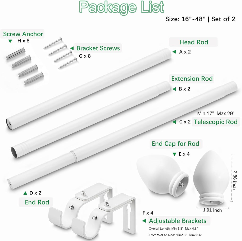 Curtain Rods for Windows 16 to 48 inches, Curtain Rod Max Adjustable Length to 60 in, Drapery Rod 1 inch Diameter with Modern Knobs Finials (White, 16" to 48" - Set of 2)