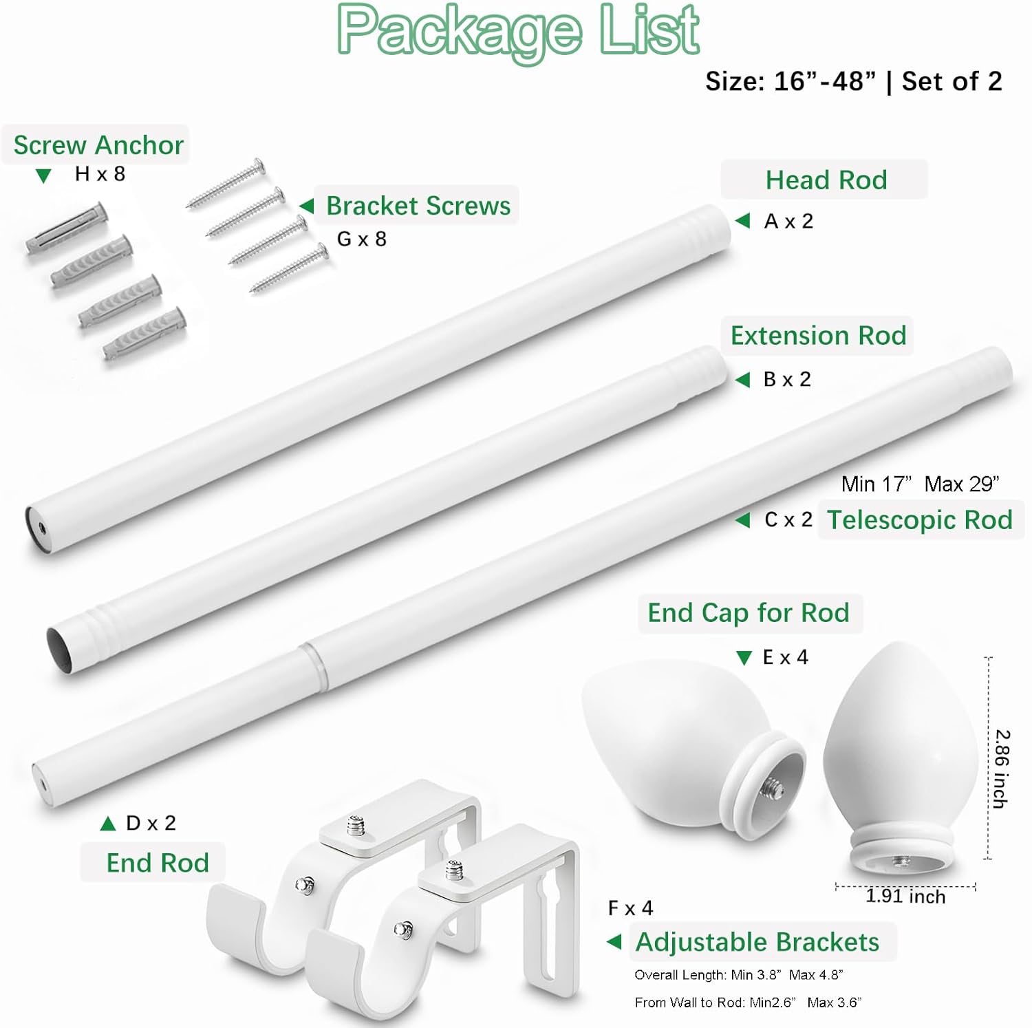 Curtain Rods for Windows 16 to 48 inches, Curtain Rod Max Adjustable Length to 60 in, Drapery Rod 1 inch Diameter with Modern Knobs Finials (White, 16" to 48" - Set of 2)