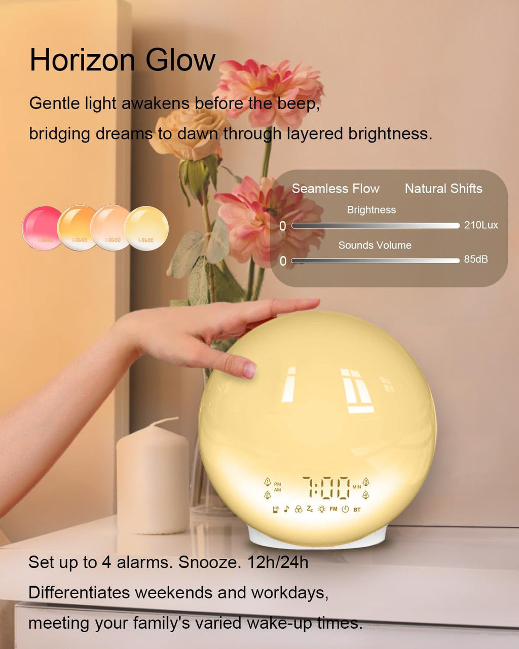 Smart APP Sunrise Alarm Clock with 4 Alarms & Natural Sounds for Heavy Sleepers, App No Signup, Wake Up Light, 11 Night Ligh, Sleep Aid 7 White Noise Machines & FM, Wireless Speaker (White, 1PCS)