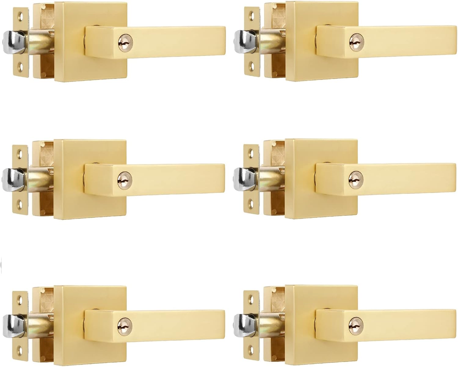 6 Pack Heavy Duty Square Brass Keyed Alike Entry Door Knobs, Locked Inside with Button Exterior/Interior Golden Door Handle Lever with 3 Universal Keys