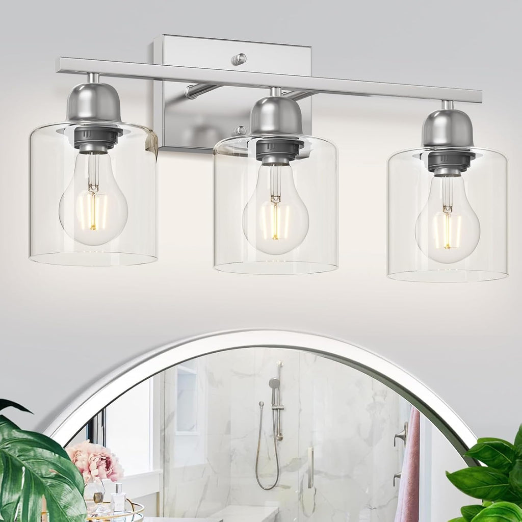 Modern Brushed Nickel 3 Light Bathroom Light Fixtures,19 inch Vanity Lights for Bathroom with Clear Glass Over Mirror for Mirror Kitchen Living Room