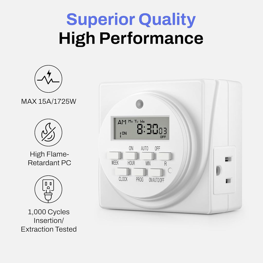 BN-LINK Indoor Digital Timer Outlet, Dual Outlet 7 Day Programmable Light Switch, 3 Prong Plug in Timers for Electrical Outlets, Lamps, Fans, 8 On/Off Programs, 1 Pack, 15A/1875W, ETL Listed