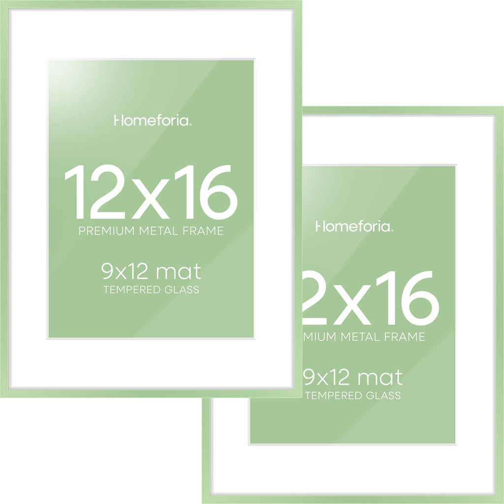 Homeforia 12x16 Sage Green Picture Frame, High End Metal 12x16 Poster Frames with Mat 9x12 Photo, 12 x 16 Sage Green Frame Matted to 9 by 12 Art, 16x12 Thin Frames, Tempered Glass, Wall Kit, Set of 2