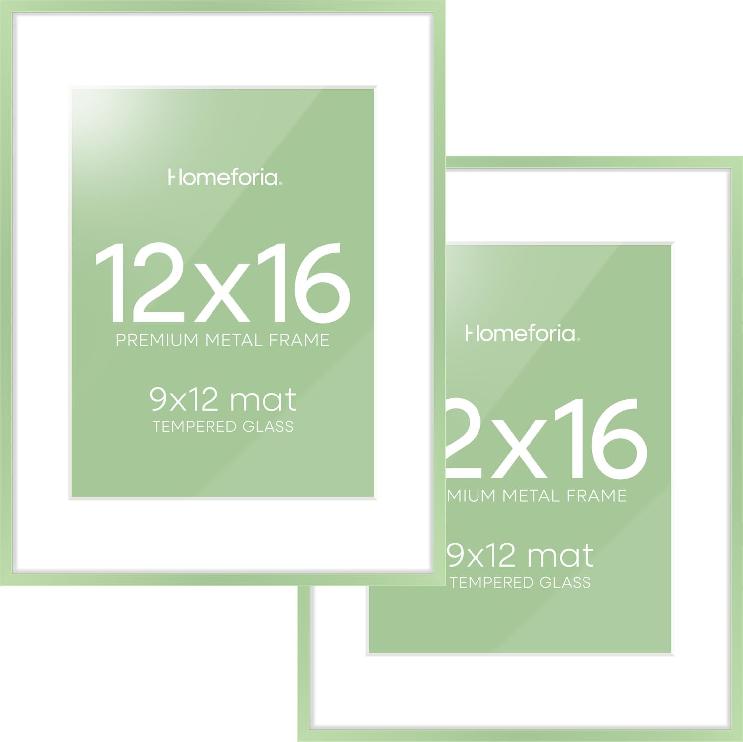 Homeforia 12x16 Sage Green Picture Frame, High End Metal 12x16 Poster Frames with Mat 9x12 Photo, 12 x 16 Sage Green Frame Matted to 9 by 12 Art, 16x12 Thin Frames, Tempered Glass, Wall Kit, Set of 2