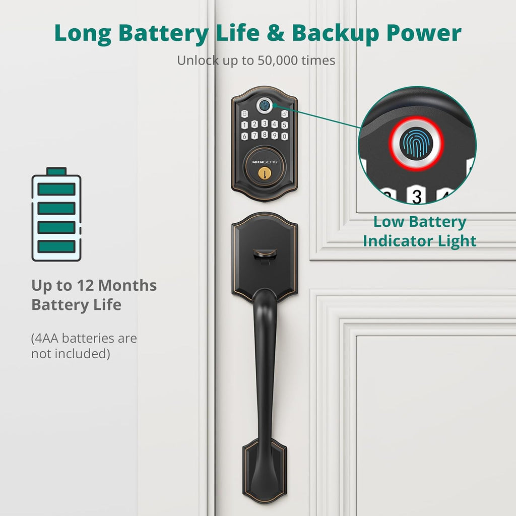 DS10 Keyless Entry Door Lock with Handle Set - Fingerprint Deadbolt, Electronic Keypad Deadbolt, Smart Locks for Front Door, Auto-Lock & One Touch Locking - Oil Rubbed Bronze