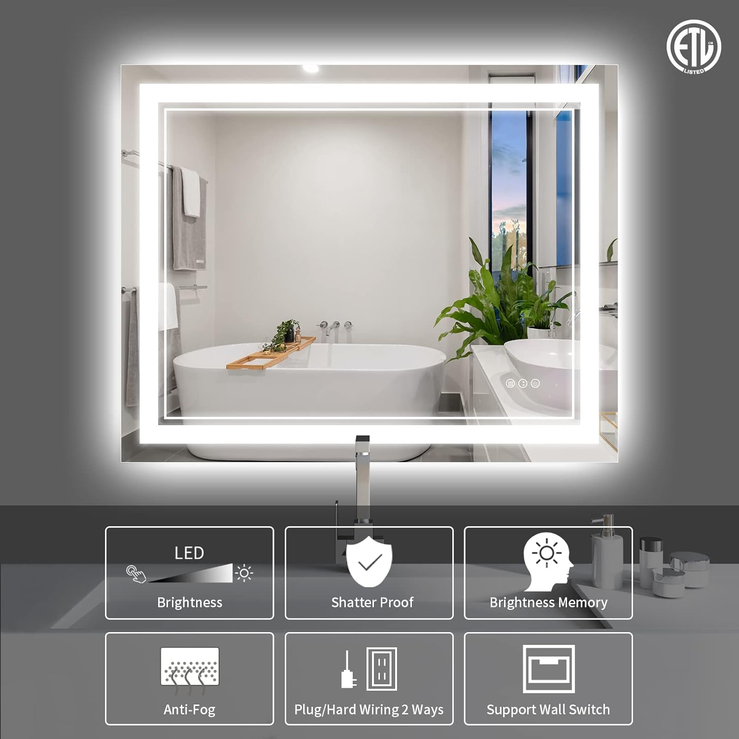 44x36 Inch LED Bathroom Mirror with Lights, Front Light and Backlit Lighted Vanity Mirror, Anti-Fog, Dimmable Memory, Shatterproof, Wall-Mounted