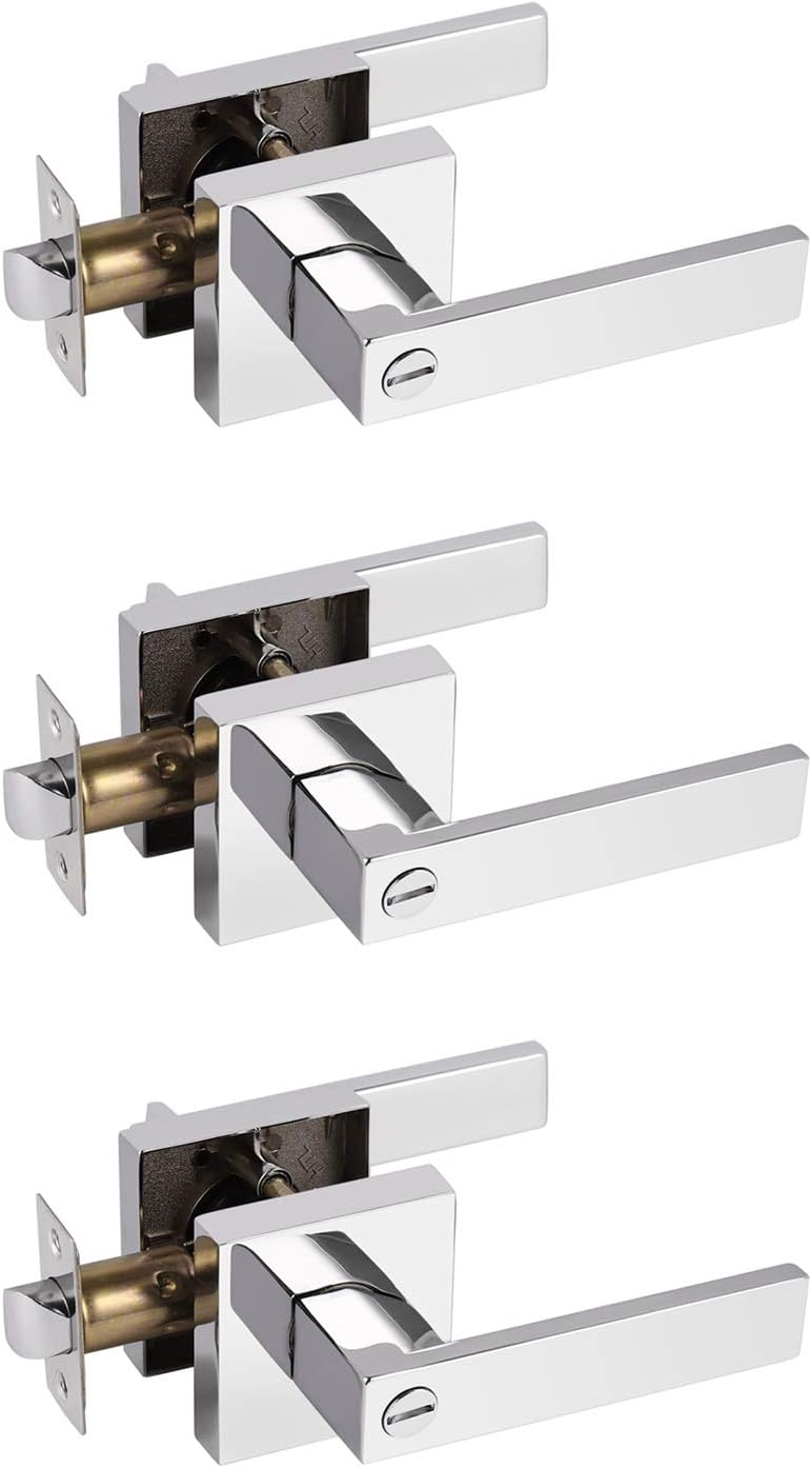 Probrico Privacy Door Levers for Bedroom and Bathroom Keyless Heavy Duty Handles Lockset with a Polished Chrome Finish, Reversible for Right & Left Sides, 3 Pack