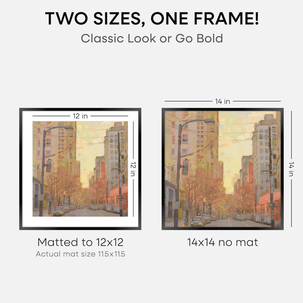 Homeforia 14x14 Picture Frame Black, High End Metal 14 x 14 Square Poster Frames with Mat 12 x 12 Photo, 14x14 Black Frame Matted to 12x12 Print, 14by14 Thin Frames, Tempered Glass, Wall Kit, Set of 2