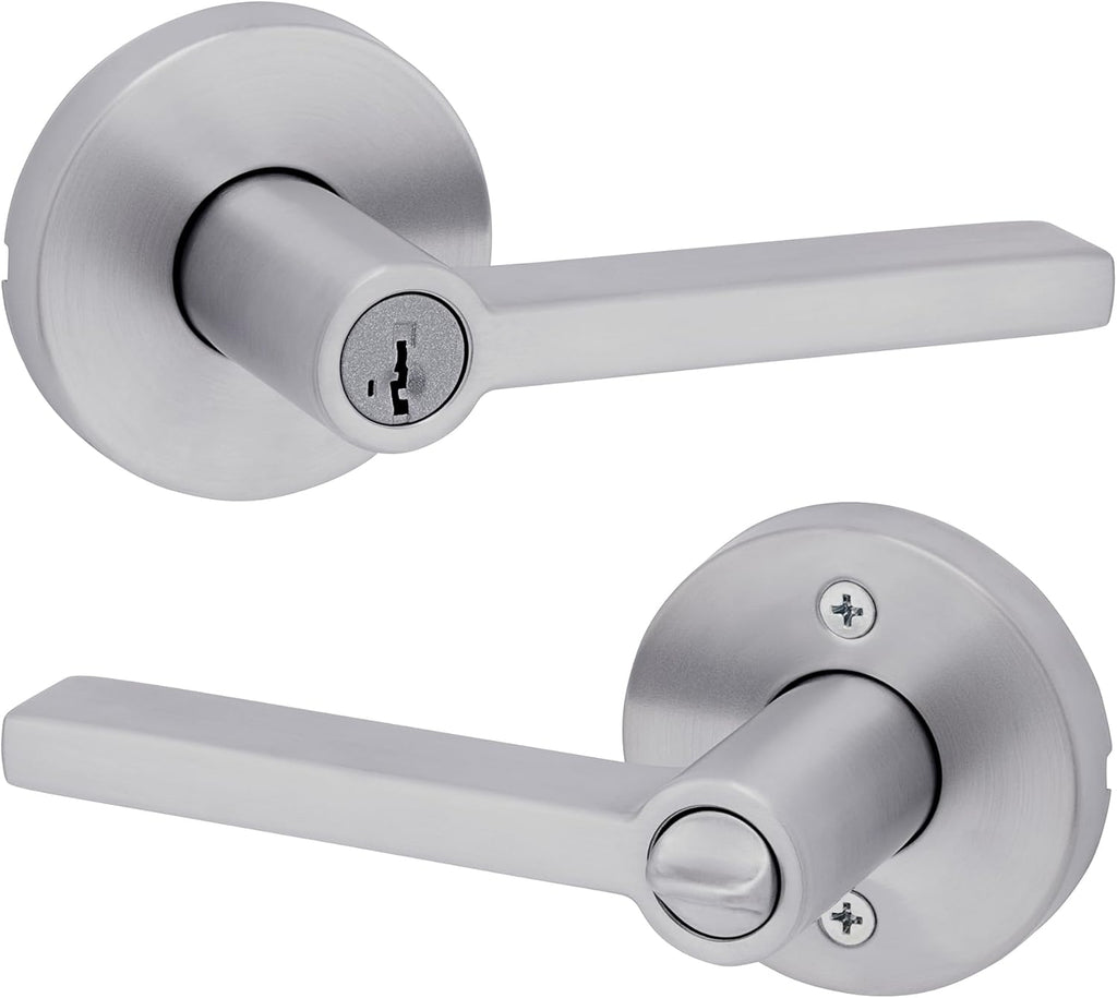 Kwikset Halifax Entry Door Handle with Lock and Key, Secure Round Keyed Reversible Lever Exterior, for Front Entrance and Bedrooms, Satin Chrome, Pick Resistant Smartkey Rekey Security and Microban