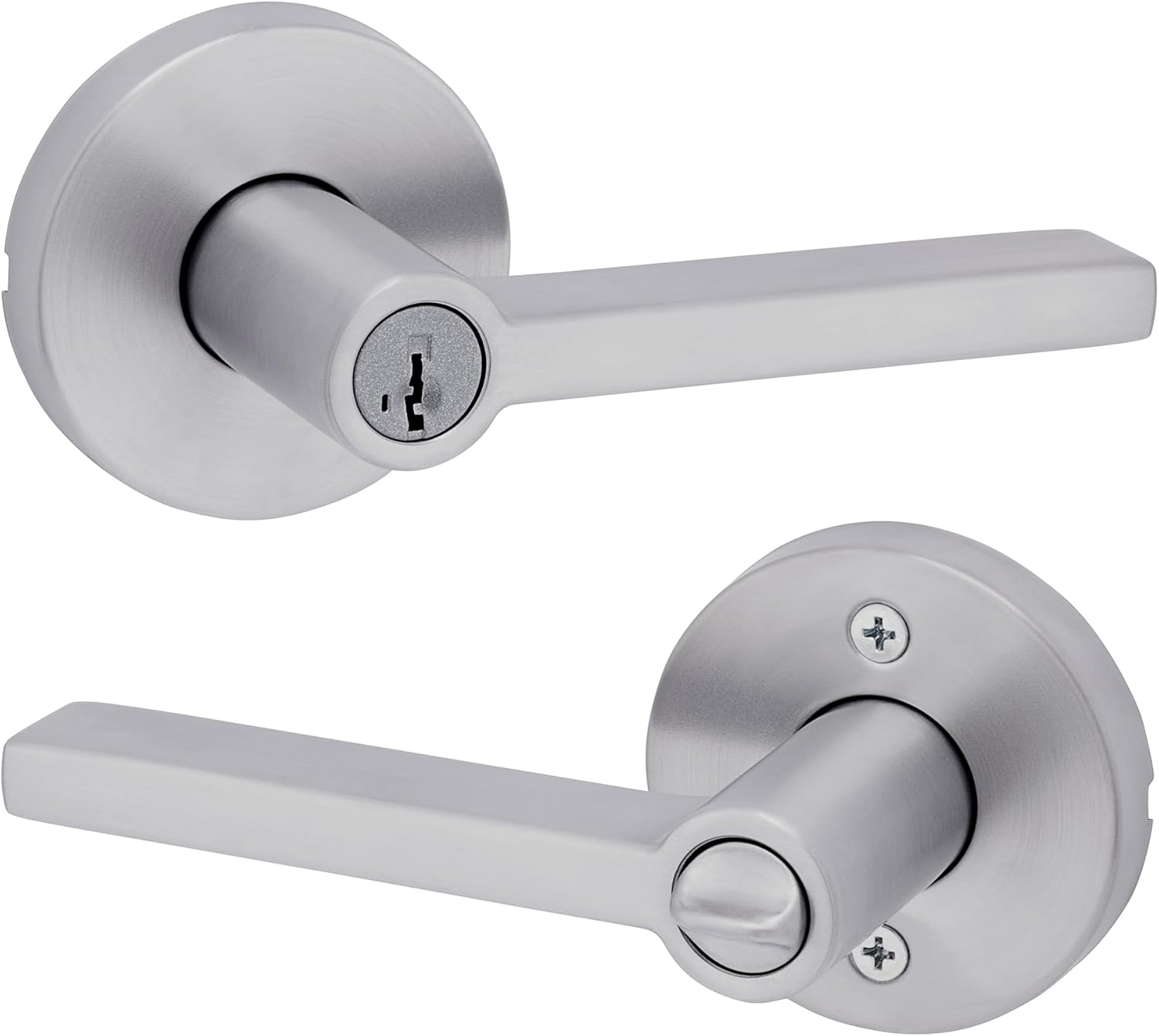 Kwikset Halifax Entry Door Handle with Lock and Key, Secure Round Keyed Reversible Lever Exterior, for Front Entrance and Bedrooms, Satin Chrome, Pick Resistant Smartkey Rekey Security and Microban