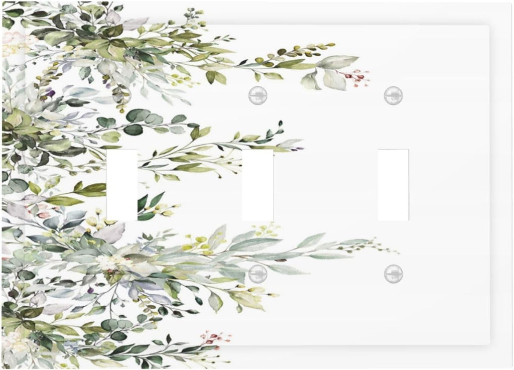 Decorative Light Switch Plate Covers Rustic Eucalyptus Leaves Green Leaf 3 Gang Light Switch Cover Triple Toggle Wall Plate Outlet Covers for Bedroom Home Decor