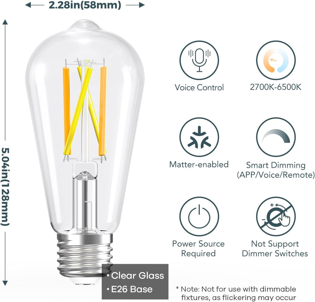 Linkind Matter Smart Light Bulb, ST19 (ST58) Smart Edison Bulbs, 2700K-6500K E26 LED Bulb 8W 60W, 800LM Edison Light Bulb, Work with Alexa, Google Home, Apple Home, SmartThings, 2.4GHz WiFi, 4-Pack