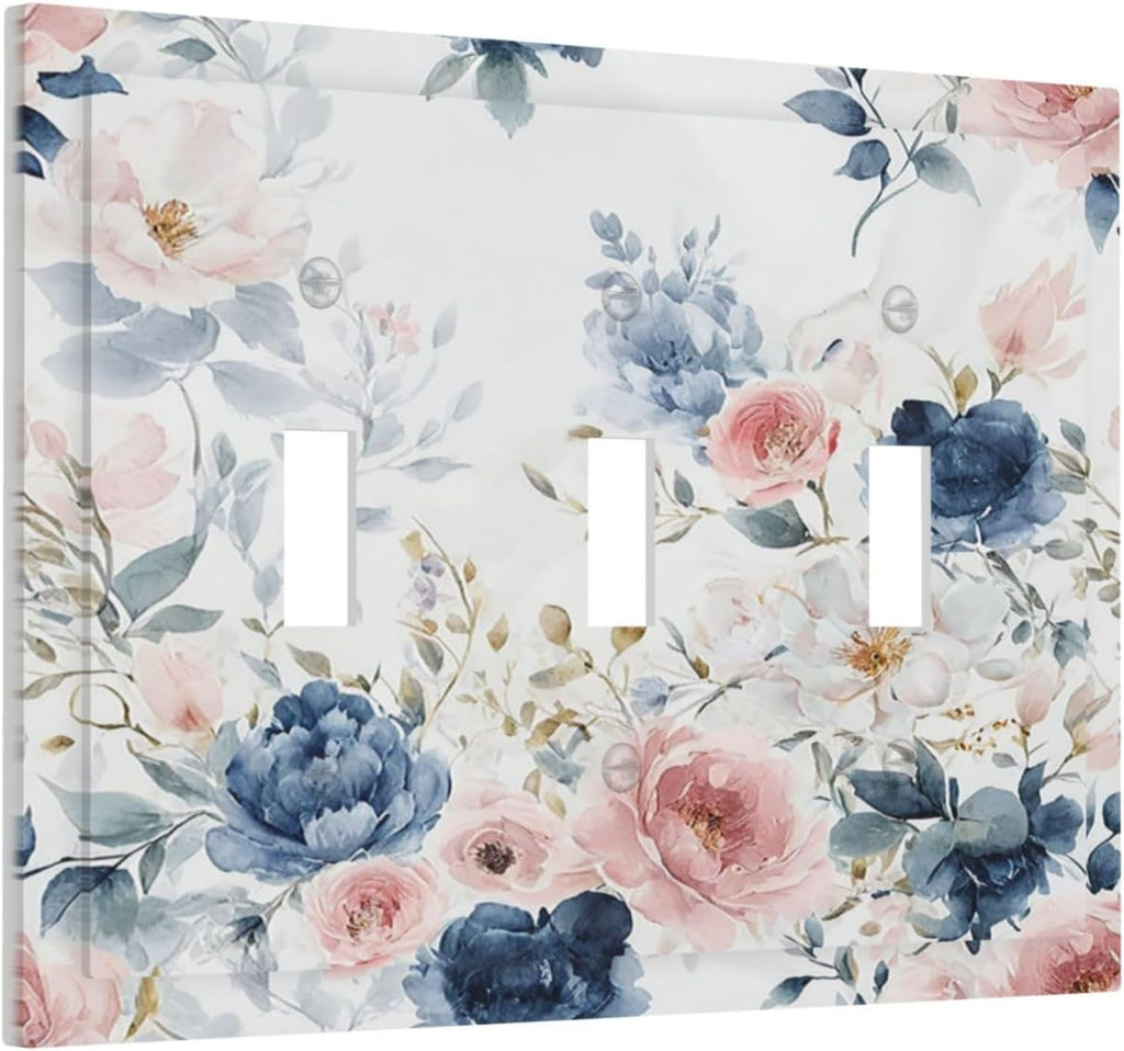 Light Switch Covers Elegant Watercolor Pink Blue Flowers Floral 3 Gang Wall Plates Triple Toggle Outlet Cover Decorative Switchplates Electrical Panel Cover for Kitchen Living Room 4.8 X 6.7 IN