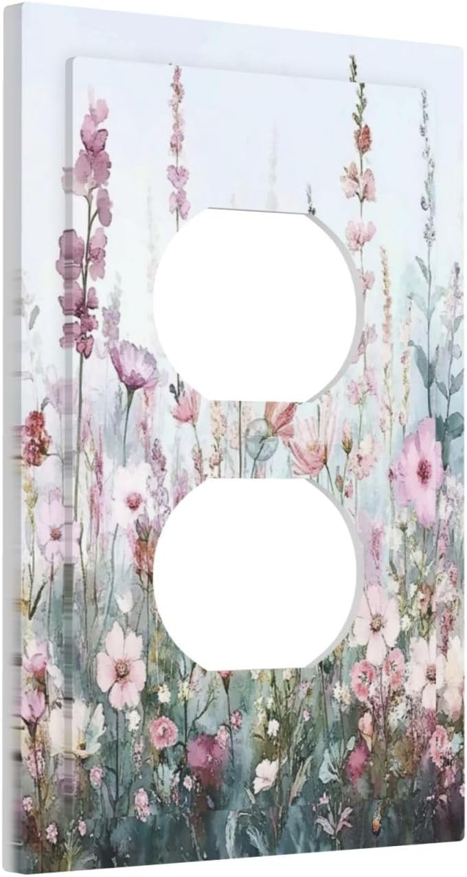 Pink Floral Watercolor Botanical Wildflowers Outlet Covers 1 Gang Duplex Light Switch Cover Decorative Switch Plates Electrical Receptacle Faceplate Wall Plate For Bed Room Living Room Decor