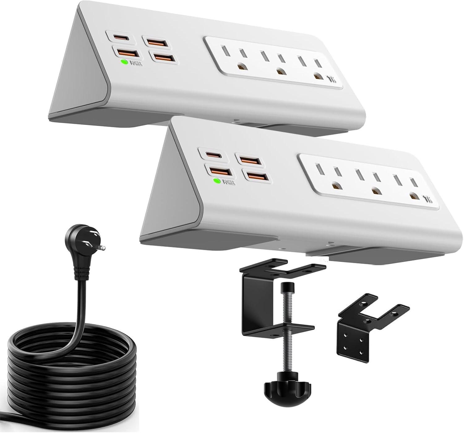 Upgraded Version Edge Mount Power Strip with USB-C Ports Tabletop Surge Protector Desk Clamp Power Sockets with 3 AC Outlets &4 Fast Charging USB Ports for Home Office Hotel Dormitory (White- 2pack)