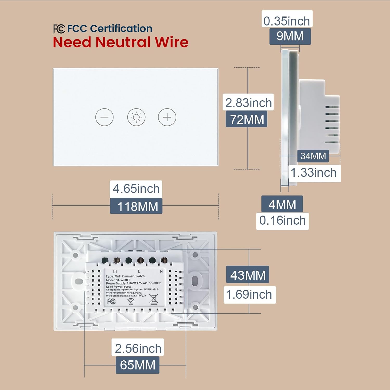Smart Dimmer Switch Neutral Wire Required, 2.4GHz WiFi Dimmer Light Switch with Remote Voice Control, Tempered Glass Panel, Compatible with Alexa and Google Home, White WiFi Dimmer