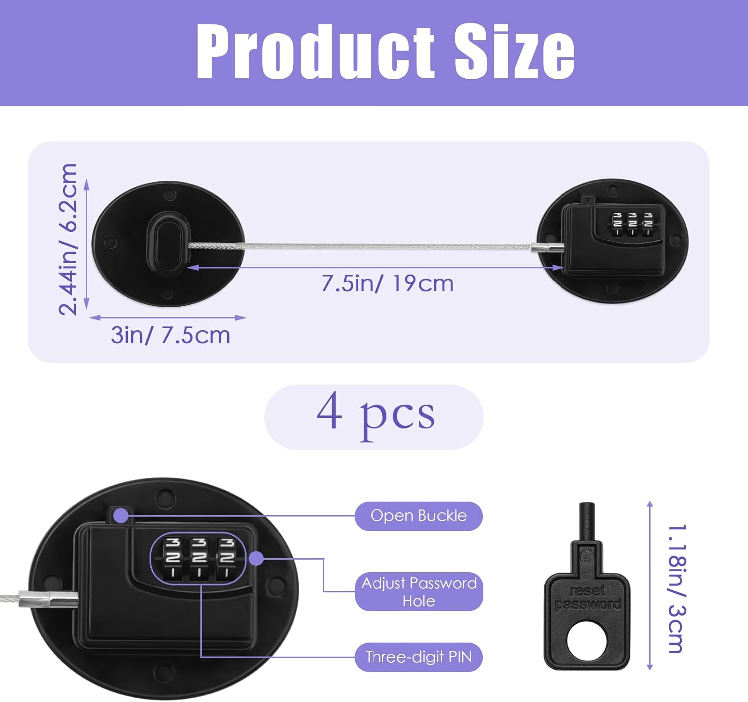 4PCS Fridge Lock Combination, Self-Adhesive Refrigerator Locks Freezer Door for Adults with Password (Black) (Round)