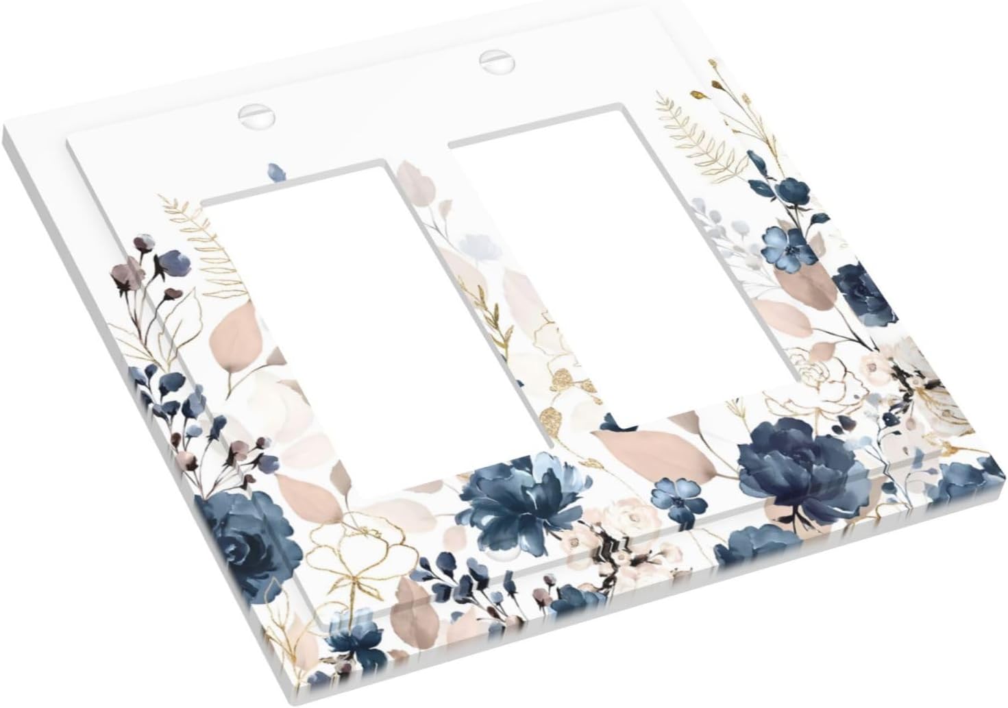 Blue Flora Boho Vintage Flower Golden Leaves Decorative Outlet Covers 2 Gang Double GFCI Rocker Electrical Wall Panels Light Switch Cover Plate for Bedroom Living Room Decor
