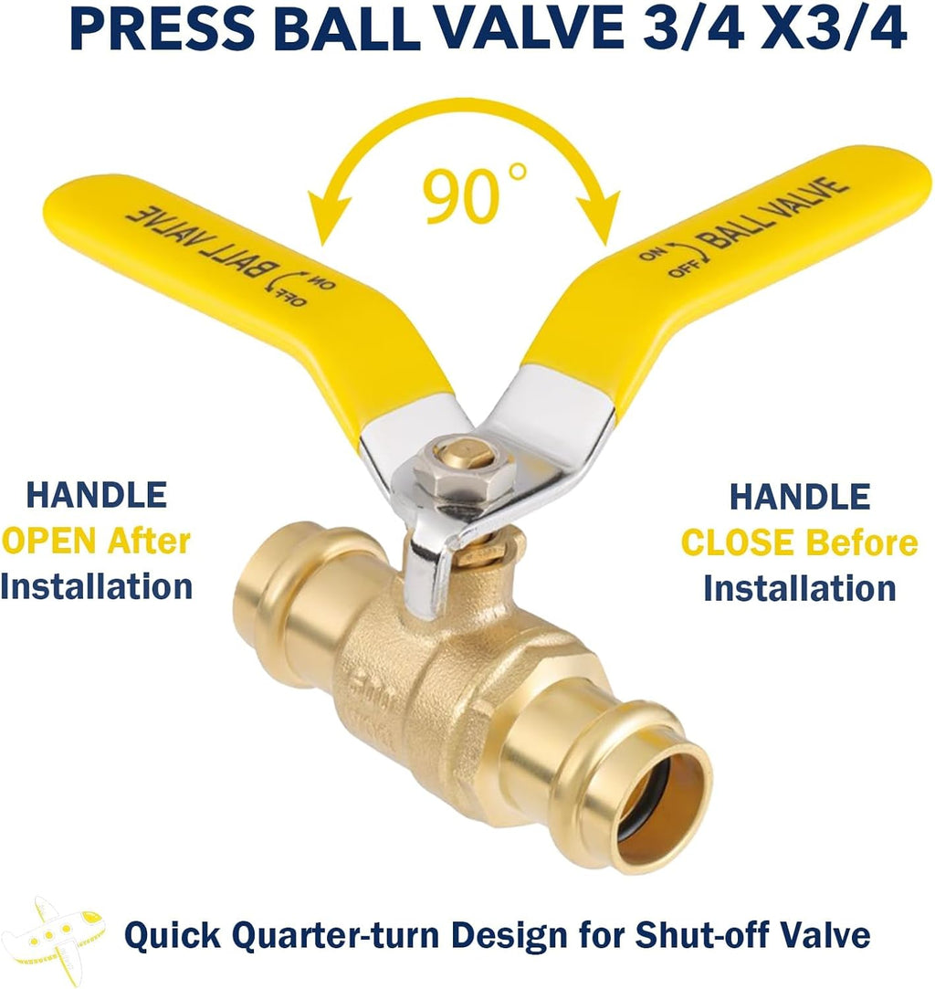 3/4" Press propress Ball Valve with EPDM O-Ring 1/4-Turn Full Port Shut Off Stop Valve for Copper Tubing Connection LF Brass 10PCS