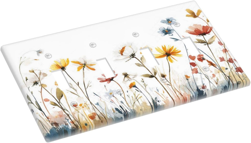 Watercolor Wildflower Colorful Floral Plant Light Switch Covers Quad Toggle Electrical Faceplate 4 Gang Wall Plate Decorative Switch Plates for Bed Room Living Room Decor