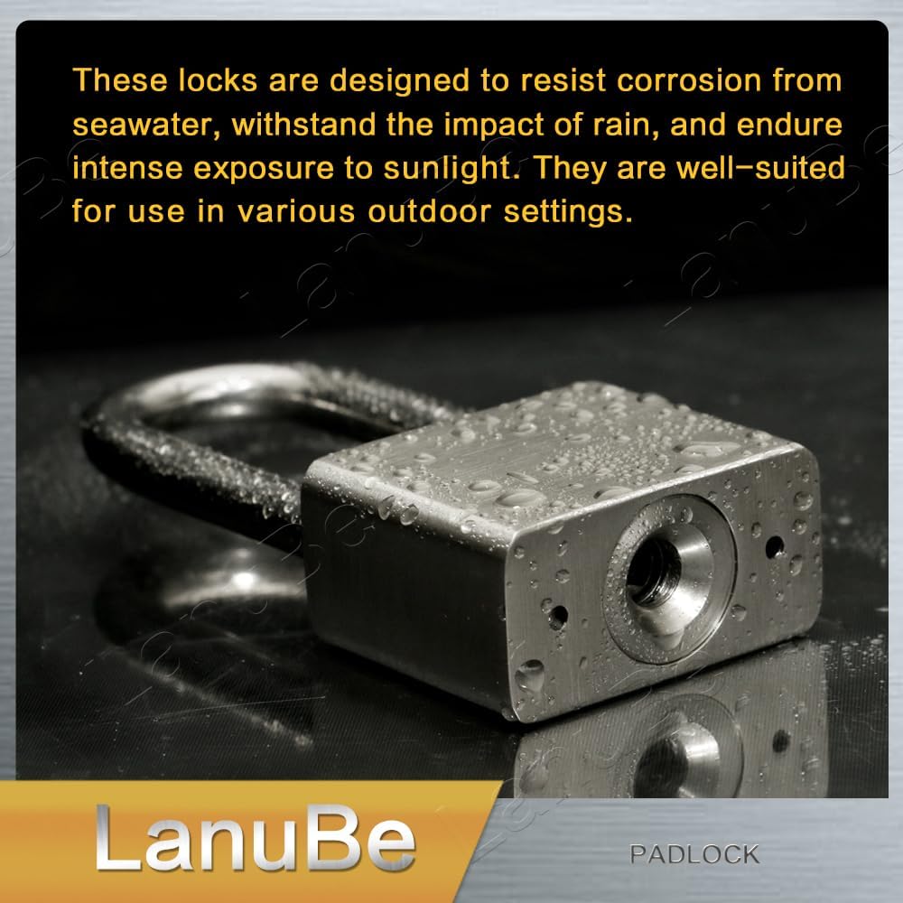 Lanube 304 Stainless Steel keyed Alike Marine Small Padlocks for Outdoor use, 1-9/16 inch Wide Body, Stainless Steel Body Long Shackle, Pack of 2