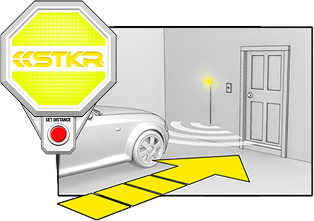 STKR Garage Parking Sensor – Adjustable Ultrasonic Car Stop Assistant with Red/Yellow/Green LED Display – Set Stop Distance 6"–6 ft – Battery or USB Powered – Easy Wall-Mount Install – White