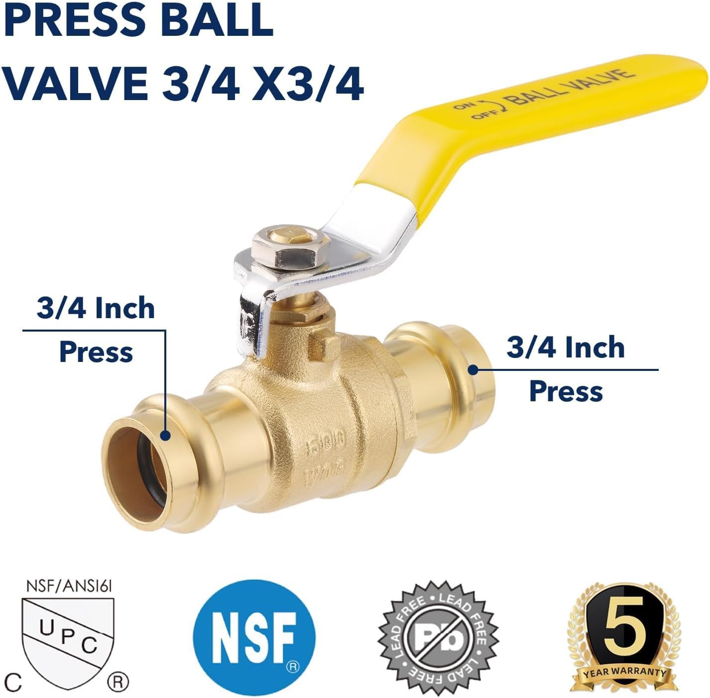3/4" Press propress Ball Valve with EPDM O-Ring 1/4-Turn Full Port Shut Off Stop Valve for Copper Tubing Connection LF Brass 10PCS