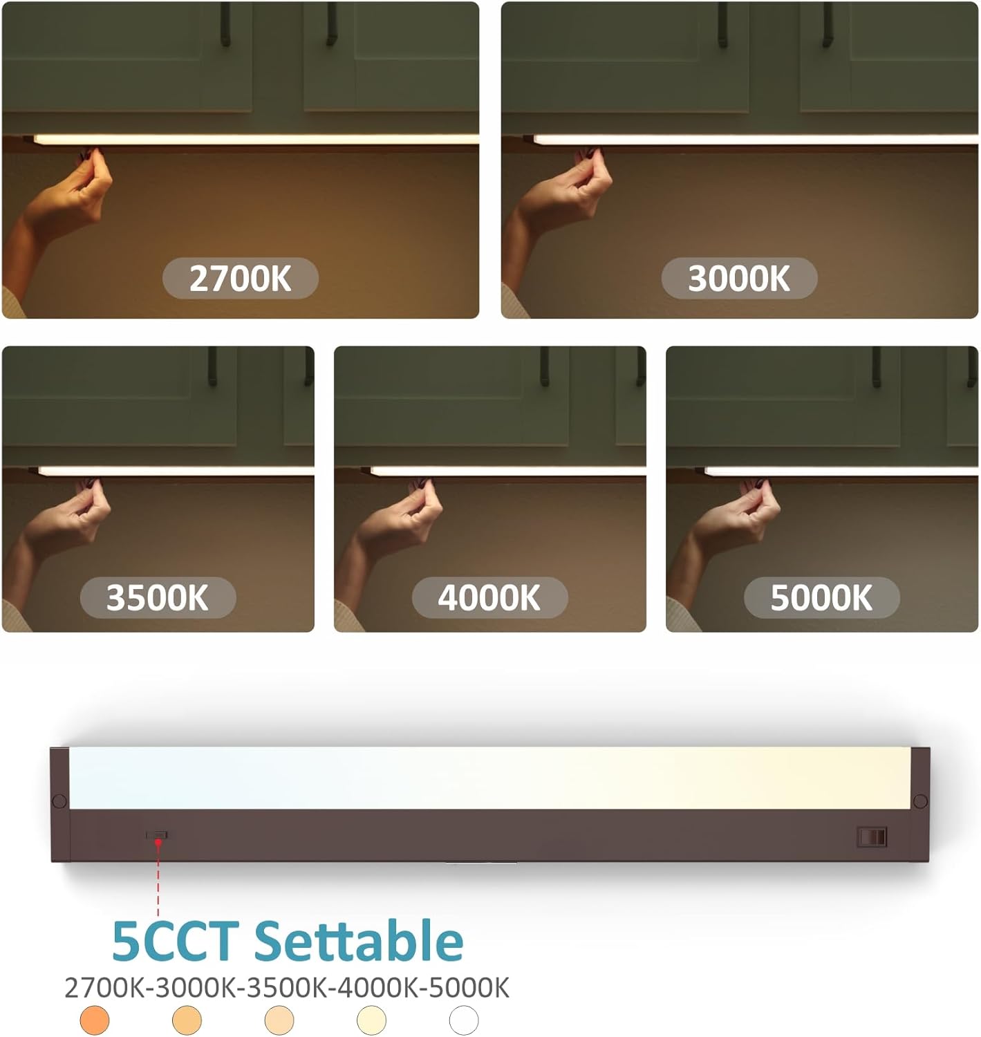 LED Under Cabinet Lighting Hardwired or Plug in, 24 Inch 12W, Dimmable 5 Color 2700K/3000K/3500K/4000K/5000K, Linkable Eyes Care Design Counter Lights for Kitchen, Sink, ETL Listed, Bronze
