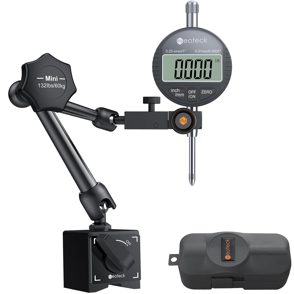 Neoteck 0-1”/0.0005" Digital Dial Indicator Gauge and 132 lbs (60kg) Max Pull Magnetic Base,Digital Dial Indicator Set with Inch/Metric Conversion for 3D Printer and CNC Machine-Black
